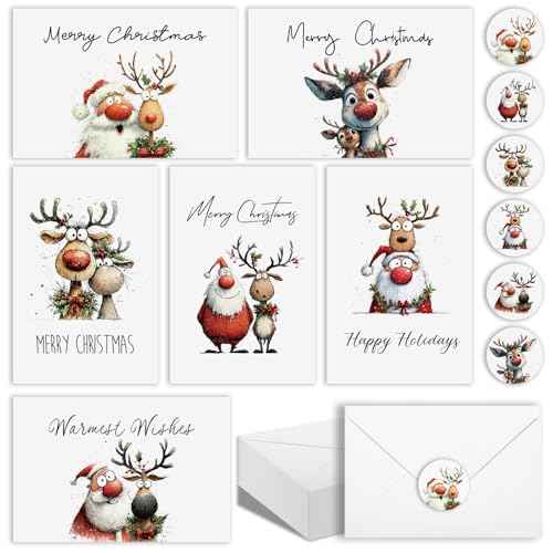 24 Fun Christmas Cards with Envelopes & Stickers, 6 Cute Designs Happy Holiday Cards Boxed Xmas Greeting Card, 4'' x 6'', Christmas Thoughtful Gift for Friends and Family - Blank Inside