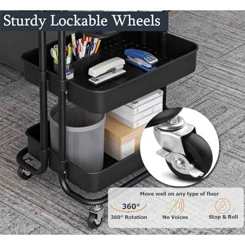 4 Tier Rolling Storage Cart with Table Top Metal Utility Cart on Wheels, School Offices Supplies Organzier with Plastic Tray, Lockable Casters Crafts Carts for Bathroom, Classroom, Kitchen(Black)