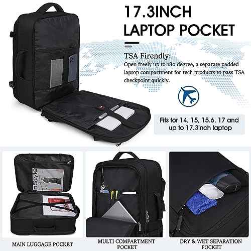 IGOLUMON Travel Backpack for Men Women 40L Flight Approved Carry on Backpack 17 Inch Waterproof Laptop Backpack Large Luggage Daypack Business College Weekender Overnight Backpack with Shoe Bag, Black