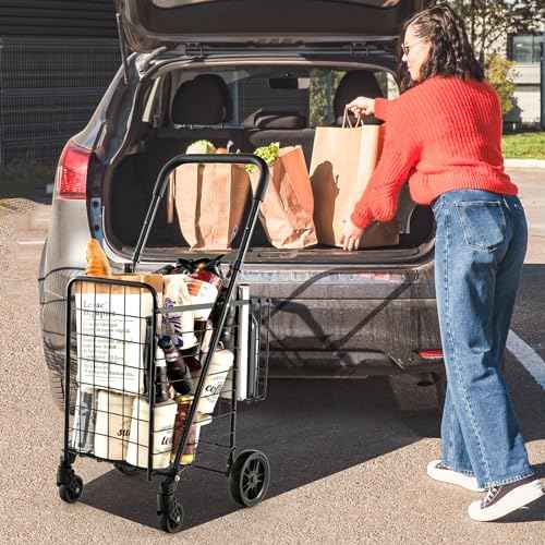 Goplus Folding Shopping Utility Cart, Double Basket and 360¡Æ Swivel Wheels, Adjustable Handle, Small Cart Perfect for Grocery Laundry Book Luggage Travel