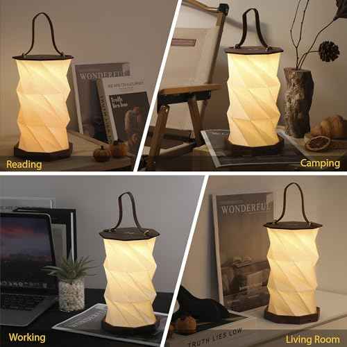 Ba sus Wooden Rotating Table Lamp, Warm Light Design with Leather Handle, Long Press Dimming Function, Built-in Battery & USB Rechargeable, Adjustable Heights for Bedroom, Living Room, Camping