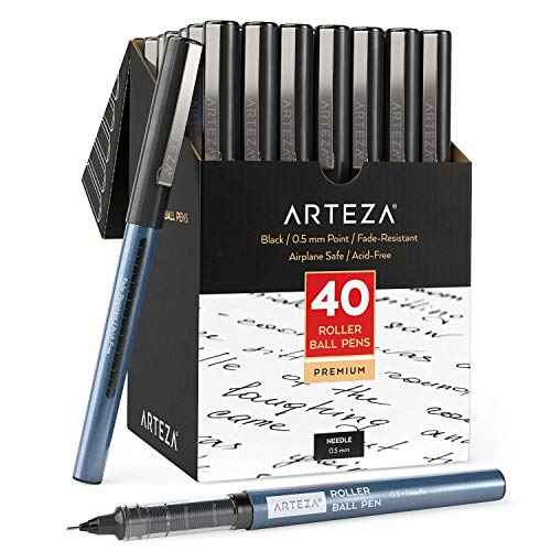 ARTEZA Rollerball Pens, Set of 40 ? Black Ink with 0.5 mm Extra Fine Needle Tip for Precision Writing, Journaling, Sketching & Office Use