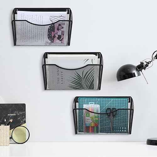 Tenceur 3 Pcs Mesh Letter Wall File Folder Cubicle File Holder Hanging Wall Mounted File Holder 3 Pocket Vertical File Organizer for Office Home Room Storage Basket(13.19 x 12.2 x 3.07 Inch,Black)