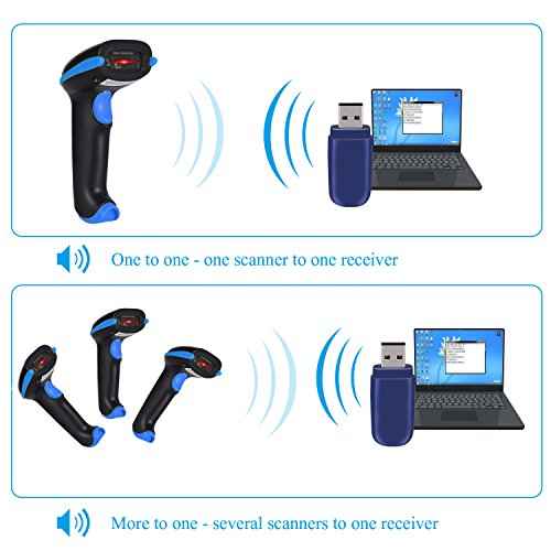 WoneNice 2.4G Wireless Barcode Scanner ? 1D Handheld Cordless Barcode Reader for Retail, Warehouse, Inventory ? 100ft Range, Plug & Play ? Compatible with Windows, Linux, POS (Blue)