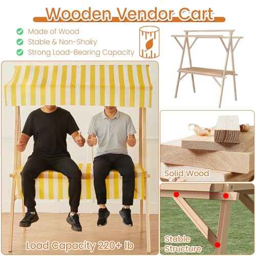 JYHHCYS Foldable Food Cart with Wheels for Business, Portable Wooden Market Stall Display Stand for Outdoor Vendor, Mobile Lemonade Stand Cart with Canopy for Events(White,Large)