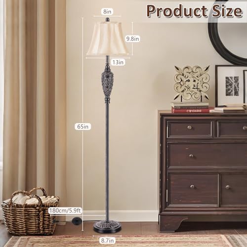 65¡¯¡¯ Vintage Floor Lamp for Living Room, Traditional Standing Lamp with Carved Resin Base and Foot Switch, Classic Farmhouse Tall Pole Lamp, Bedroom, Office, Bronze Finish
