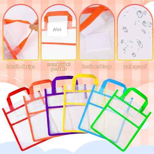 Tdfronien12 Pack Student Clear Book Pouches Bulk with Name Card Pocket and Handles Book Bags for Kids Organizing Storage Waterproof Pouches School Classroom Toys and Office (Bright Color,10 x 12 Inch)