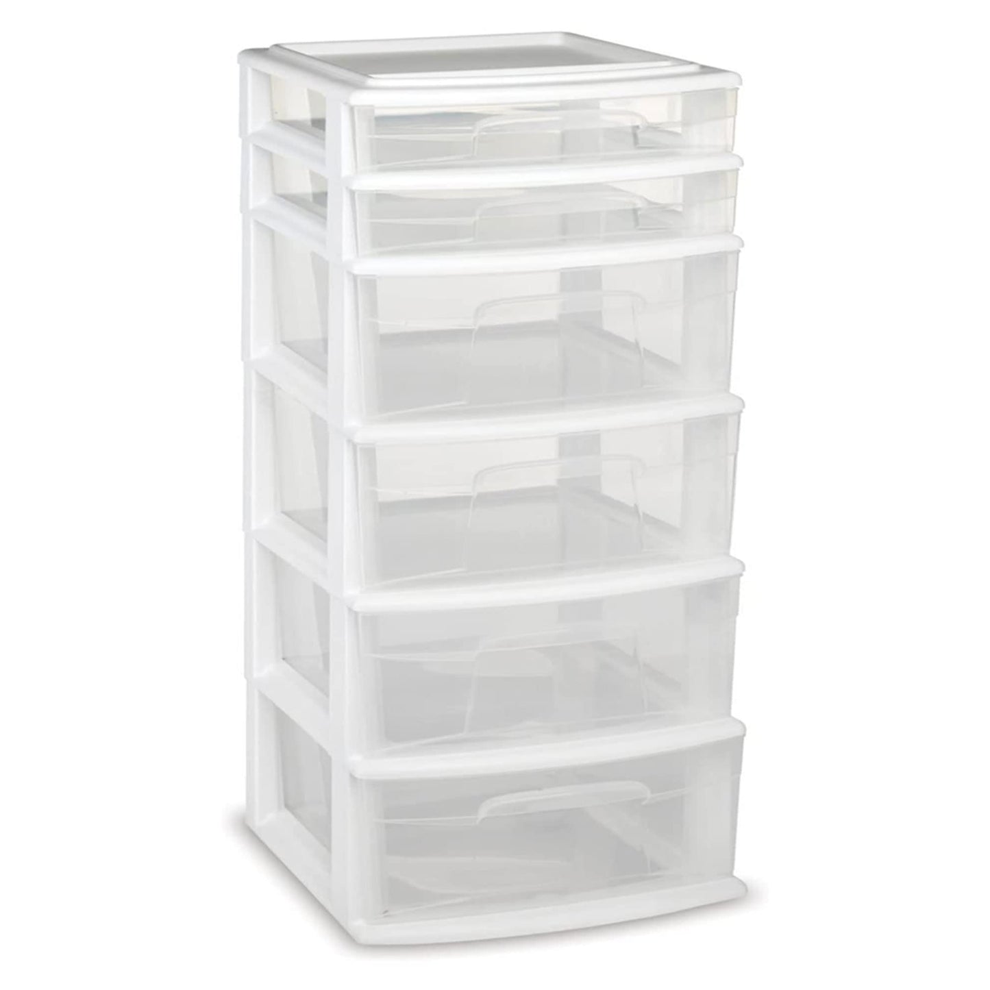 HOMZ 1-Pack Drawer Tower, 6-Tier Clear Plastic Storage Organizer Cart, White Frame - Heavy-Duty Organizing Drawers for Home, Bedroom, and Closet Organization