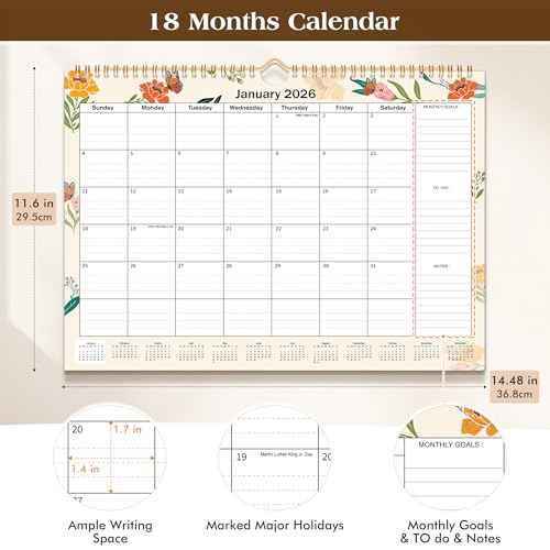 Wall Calendar 2026-2027, 18 Month Large Calendar from January 2026 to June 2027£¬11.6" x 14.5" Monthly Calendar Thick Paper, Hanging Calendar Spiral Binding Perfect for Home or Office Planning,Floral