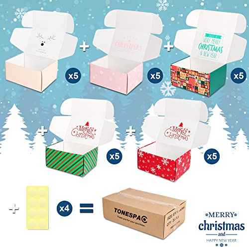 25 Pack 8x6x4 inch Christmas Gift Box with Lid, Corrugated Cardboard Shipping Boxes for Small Business,for Gift Packaging,Specially Designed Box. (8"x6"x4", 25 Pcs Xmas Mix Pattern)