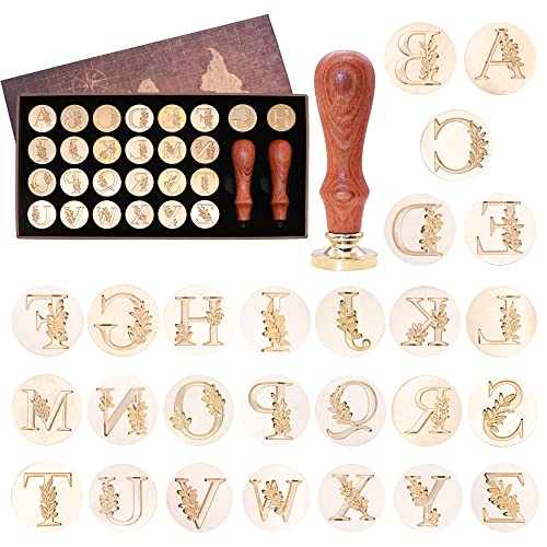 SWANGSA Initial Alphabet Wax Seal Stamp Kit, Vintage Botanical Leaves 26 Letters A-Z Sealing Stamp with 2pcs Wooden Handles for Wedding Party Invitation, Gift Wrap, Envelope, Christmas Card (A-Z Set)
