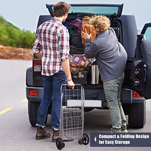 BETTARY Jumbo Folding Shopping Cart, Metal Grocery Cart on Wheels with Double Basket, Heavy Duty Utility Cart with 360¡Æ Swivel Wheels for Grocery, Laundry, Book, Luggage, Travel, Silver
