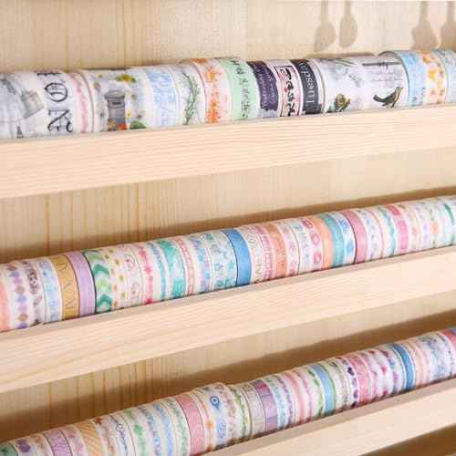 4 Layers Wood Washi Tape Box Organizer Storage with Hanging Hook,Masking Tape Desktop Tape DIY Sticker Roll Tape Cutter Holder Storage,Divider Closet Container Holder for Sewing,Thread