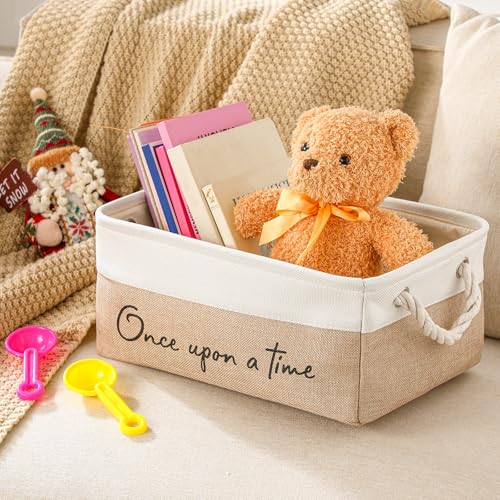 Marsui Once Upon a Time Book Storage Basket - White & Brown, 14x10x6.3 inches, 1 Pack