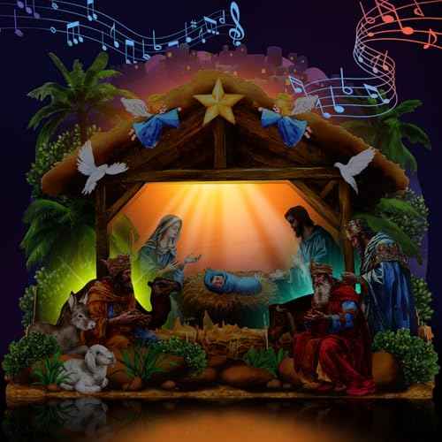 FaCraft Religious Nativity Musical Christmas Cards, 10"x7" Handmade 5-Layer 3D Pop Up Christmas Cards Gift Jesus Christ Birth Scene Decoration with Envelope, Blank Note, Seal, for Family Friends Kids