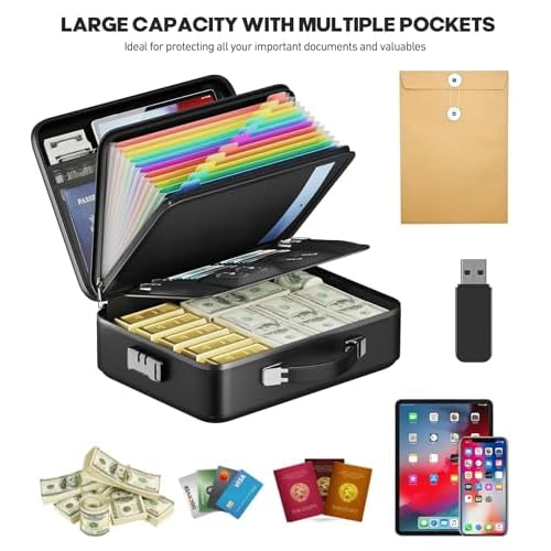 Fireproof Document Box, Hard Case Highly Flame-Resistant Fire Proof Waterproof File Organizer with Lock, Portable Fire Safe for Important Documents & Valuables Storage (Black, ?15"*11"*5")