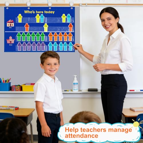 Classroom Attendance Pocket Chart with 36 Reusable Student Cards - Easy Check-In Tool