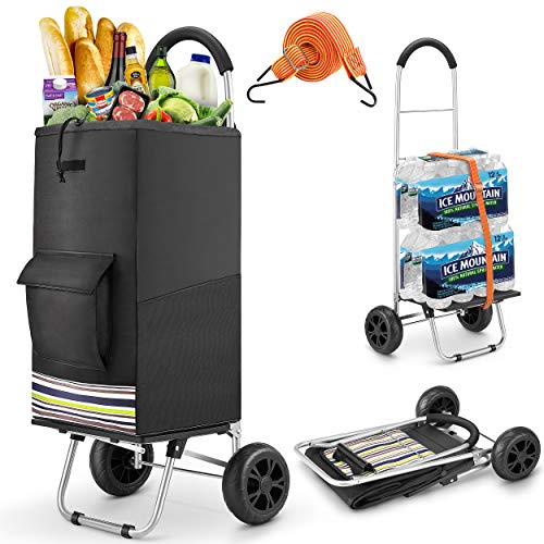 Shopping Cart, Super Loading Grocery Trolley, 220 lbs Capacity, Foldable Cart with Extra Large Black Shopping Bag Portable Grocery Utility Cart With Adjustable Bungee Cord