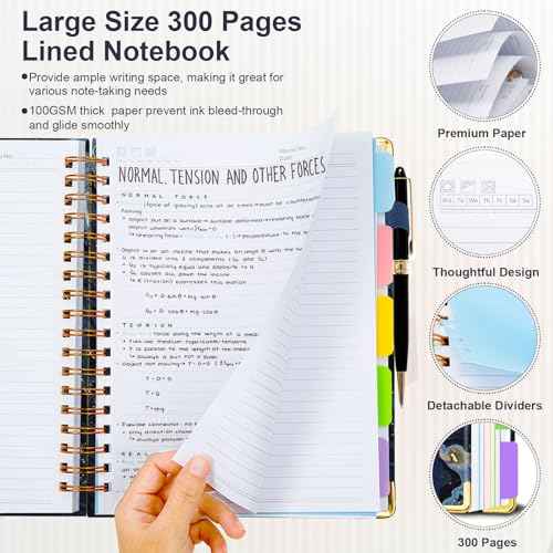 Spiral Journal Notebook for Work, 300 Pages 5 Subject Notebook College Ruled with Dividers & Tabs, 8''x 10'' Large Cute Notebooks Journal for Women Students Note-Taking and Organizer (Navy Marble)