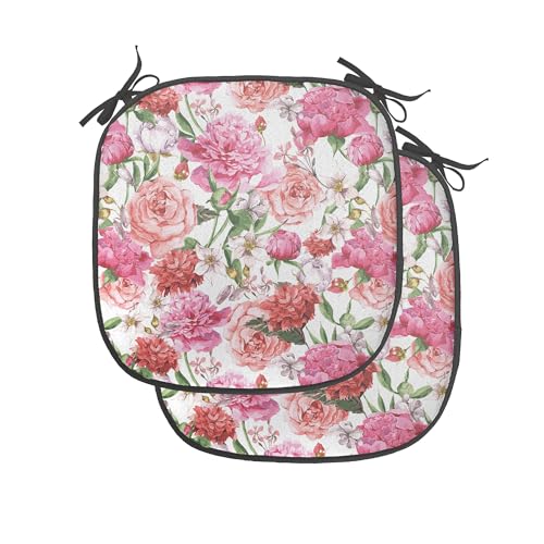 Ambesonne Watercolor Flower Chair Seating Cushion Set of 4, Victorian Floral Pattern Painting Style Print with Peonies Roses, Anti-Slip Seat Padding for Kitchen & Patio, 16"x16", White Pink Blush