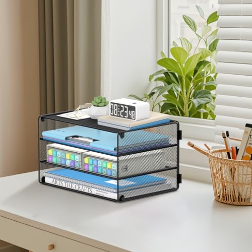 DALTACK Black 3-Tier Letter Paper Organizer with Sliding Mesh Trays - Space Saving Desk Storage