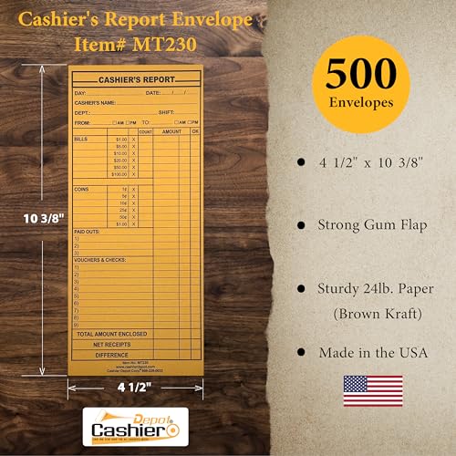 500 Cashier Report Envelopes - 4.5 x 10.38 in Brown Kraft, Sturdy 24lb, Gum Flap