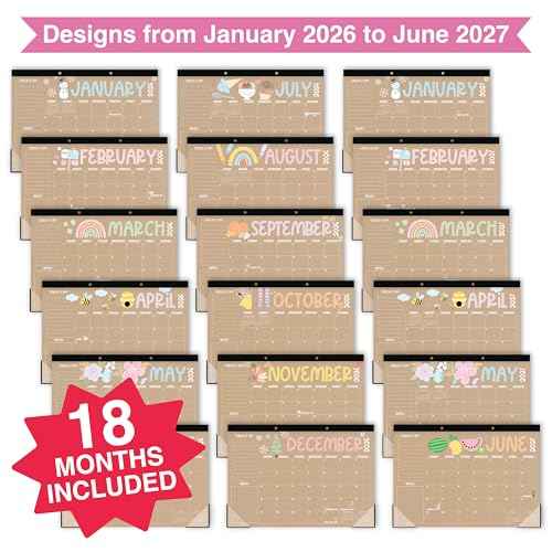 Hadley Designs Desk Calendar 2026 - Desktop Calendar 2026, 18 Month Large Desk Calendars 2026-2027, January 2026 - June 2027, Cute Kraft Theme Classroom Decor Teacher Must Haves, Designed in USA