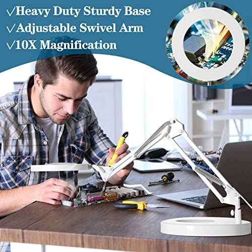 HITTI 10X Magnifying Glass with Light, 1,800 Lumens Stepless Dimmable, 3 Color Modes, 4.2¡È Real Glass Lens LED Magnifying Desk Lamp & Clamp, Magnifier Light and Stand for Crafts Close Work-White