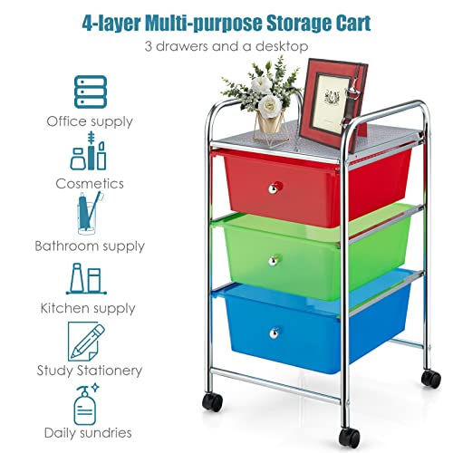 Julimoon 3 Drawer Rolling Storage Cart, Multipurpose Storage Organizer Cart with Wheels, Mobile Utility Cart for Garage Office Home Kitchen Tools (Rainbow)