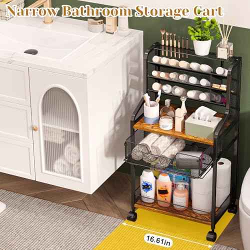 6-Tier Rolling Bathroom Storage Cart with Mesh Drawer, Metal Utility Cart with Lockable Wheels for Towels, Toiletries, and Cleaning Supplies, Organization Cart for Bathroom, Kitchen, Laundry