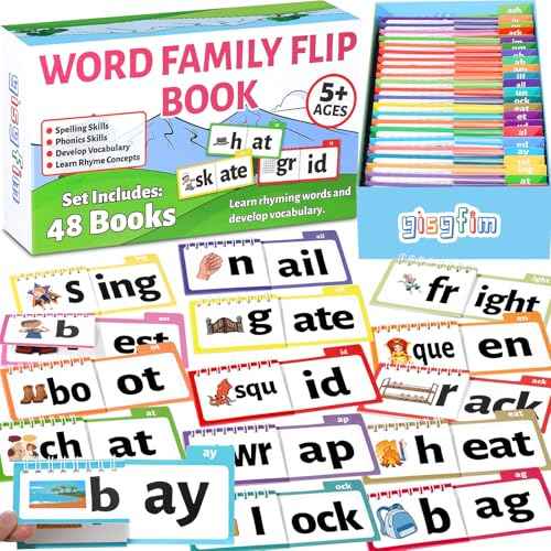gisgfim 48 Word Family Build Book Spell Read and Rhyme Flip Activity Books ABC Vocabulary Flashcards Sight Phonics Flashcard Fun Learn to Read Activity Games for Homeschool Supplies