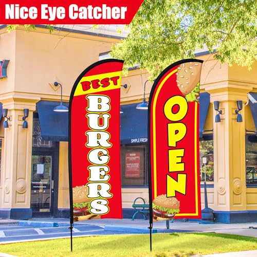 Buryeah 2 Sets Burgers Open Feather Flag for Business Advertising 8 ft Feather Flag Sign with Flagpole Ground Stake Portable Bag Burgers Banner for Outside (Red)