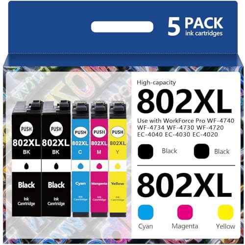 Weemay 802xl Ink Cartridge Remanufactured Replacement for Epson 802XL Ink Cartridges Combo Pack for Epson Workforce Pro WF-4720 WF-4730 WF-4734 WF-4740 EC-4020 EC-4030 Printers (5 Pack)