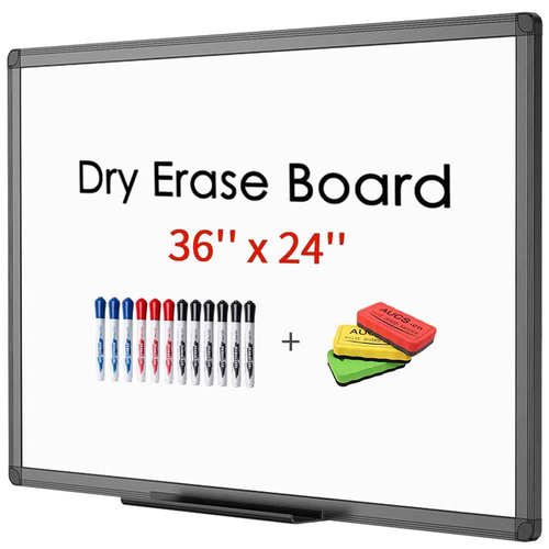 VIZ-PRO Magnetic Dry Erase White Board 36 X 24 Inches, Black Aluminium Frame, with 3 Colored Erasers and 12-Count Markers