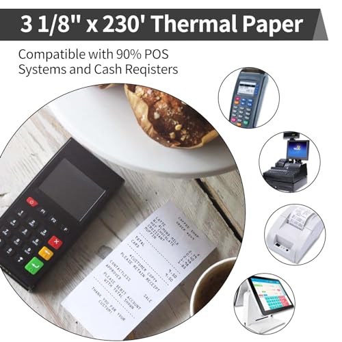 30 Rolls Thermal Receipt Paper Rolls, 3-1/8 x 230ft Thermal Paper, POS Cash Register Paper Rolls for Clover Flex, Square Terminal, 58mm POS System