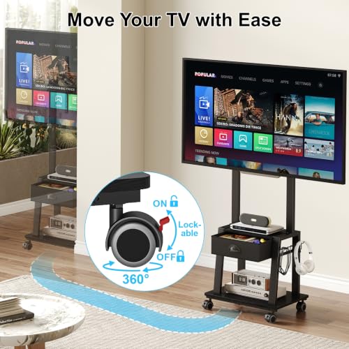 Aokitsink Mobile TV Stand with Drawer for 23-60 Inch TVs, Tilt Rolling Cart, 2 Shelves, Height Adjustable, 50 lb Capacity, VESA 400x400mm – Black