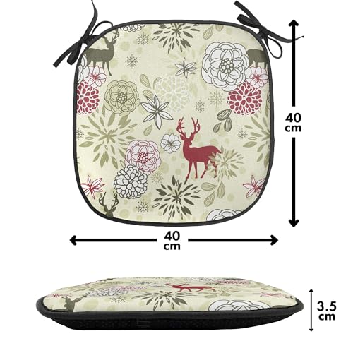 Ambesonne Winter Chair Seating Cushion Set of 4, Deer Silhouettes with Blossoming Flowers Abstract Christmas Nature, Anti-Slip Seat Padding for Kitchen & Patio, 16"x16", Olive Green Pale Green