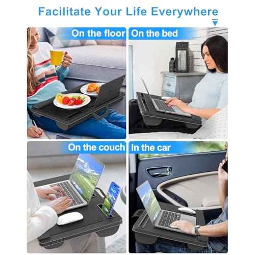Laptop Lap Desk, Portable Large Laptop Desk for Bed, Up to 17 Inch Lap Pad Tray with Wrist Rest, Mouse Pad, Tablet Phone Slot, Portable Handle, Cushion (Black)