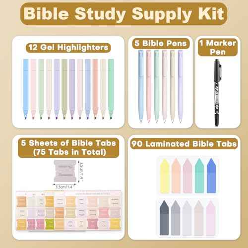 Bible Study Supply Kit Journaling Set with 12 No Bleed Highlighters, 6 Bible Pens, 75 Tabs and 2 Sticky Notes, Ideal for Christian Gifts & Scripture Annotation