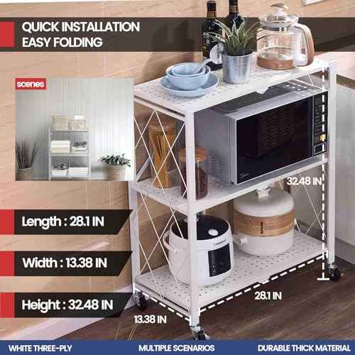 Foldable Storage Shelf with Wheels - Metal Collapsible Shelving Unit Display, Rolling Cart for Books Kitchen Storage Shelves, Pantry & Closet Organizer, Office Room Decor