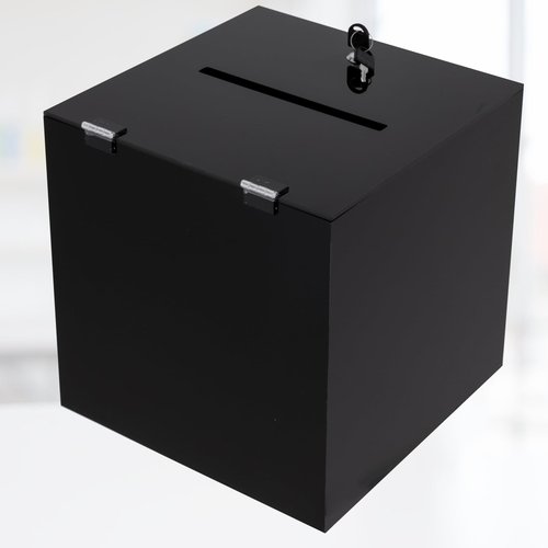 Acrylic Donation Box, 12" X 12" X 12" Ballot Suggestion Box with Lock & 2 Keys, Raffle Voting Box with Slot for School Conference Fundraising (Black)