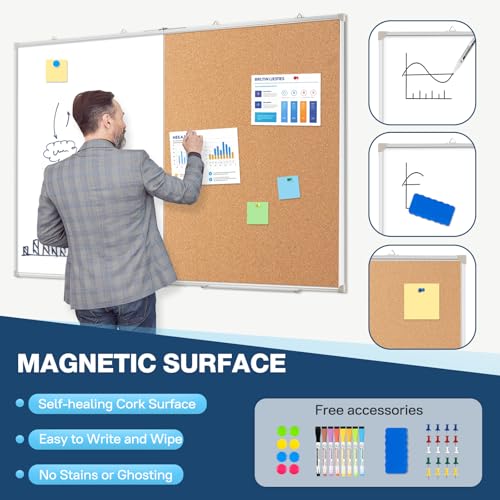 WALGLASS Cork / 48x36 Inch Whiteboard & Cork Board Combo for Wall