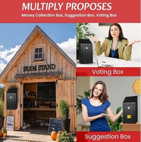 My Charity Boxes Wall Mount Metal Donation Drop Box with Lock, 10x6x2.5 Inches, Black