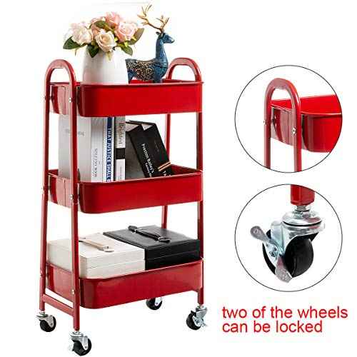 AGTEK Makeup Cart, Movable Rolling Organizer Cart, Red 3 Tier Metal Utility Cart