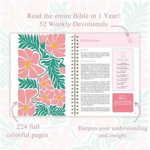 The Bible in a Year: A 52-Week Study Bible Study Guide, Spiral Bible Journal with Thick Paper & Hard Cover for Women | Ideal for Daily Devotions, Group Study, Home/Church