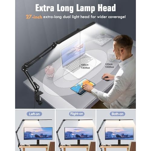 Toolour LED Desk Lamps for Home Office 2 in 1 Double Head Desk Lamp with Clamp Base,Remote Control,Dimmable Architect Clip on Desktop Computer Light Bar with Memory for Workbench Darkroom