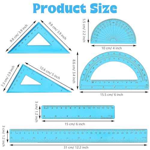 Tenare 1 Set Plastic Clear Math Set Includes Protractor Triangle Rulers 12 Inch 6 Inch Straight Geometry Math Transparent Ruler Measuring Tool for School Office Home Supplies(Blue)