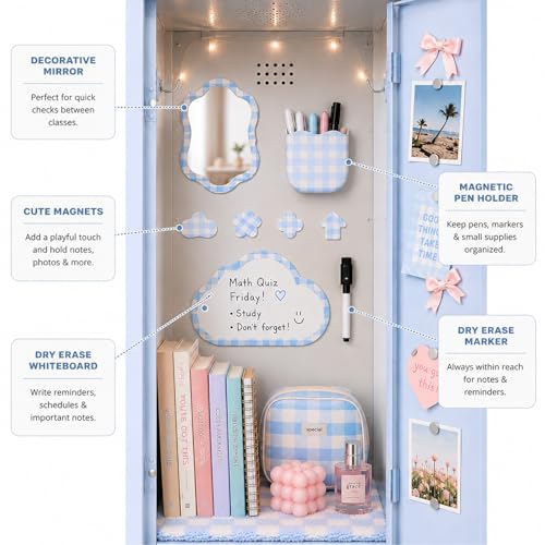 Svartur Blue Magnetic Locker Accessories Set with Mirror, Whiteboard & Pen Holder - Cute School Locker Decor for Girls