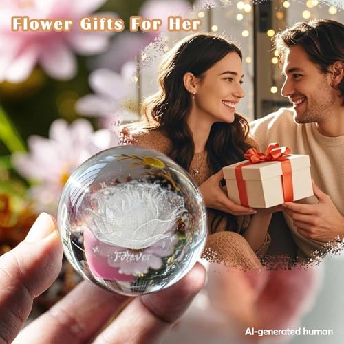 HDCRYSTALGIFTS 60mm Rose 3D Inner Engraved Crystal Ball Paperweight Gift for Women