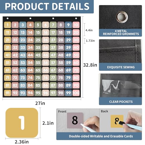 Yoink Black Boho Hundreds Pocket Chart with 120 Double-Sided Number Cards - Classroom & Homeschool Counting Organizer